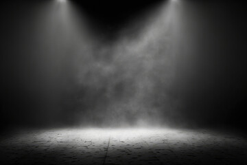 Wall Mural - Empty space of Studio dark room concrete floor grunge texture background with spot lighting and fog or mist in black background. Generative AI