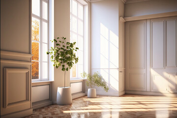 interior corner shot in 8k ultra high definition with a white window, light glossy parquet, beige wa