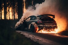  A Car That Is On Fire On A Road With Smoke Coming Out Of The Back Of It's Hood And It's Hood.  Generative Ai