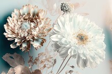  A Painting Of Flowers On A Blue And White Background With A Blue Background And A White And Gold Flower In The Middle Of The Picture.  Generative Ai