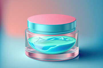 Canvas Print - Glass container with transparent cosmetic gel isolated on a blue background. Background of makeup and cosmetics, skincare item. Generative AI