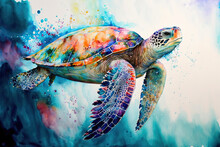 Large Watercolor Painting Of A Sea Turtle. Generative AI