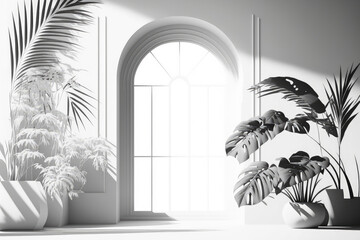 Poster - white studio background that is abstract for product presentations. vacant room with flowers, palm l