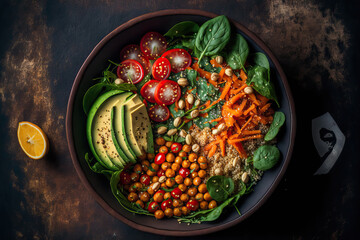 a nutritious vegan lunch bowl. Vegetable salad with avocado, quinoa, sweet potato, tomato, spinach, and chickpeas. a top view. Generative AI