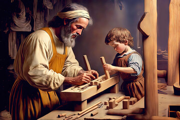 saint joseph of nazareth teaches jesus christ about carpentry. father's day. saint joseph the worker