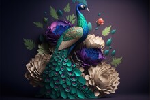 3d Illustration Of Peacock And Flower Vase Background. Exotic Oriental Pattern With Colorful Peacocks And Flowers In Bright Colors. 3d Interior Mural Wall Art Decor Wallpaper. Generative Ai