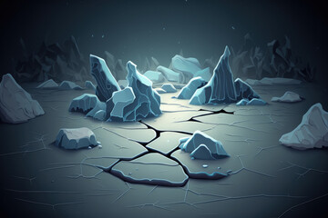 Sticker - Ice surface with cracks. Crushed ice on a dark background. Ice that had been smashed was dispersed. Generative AI