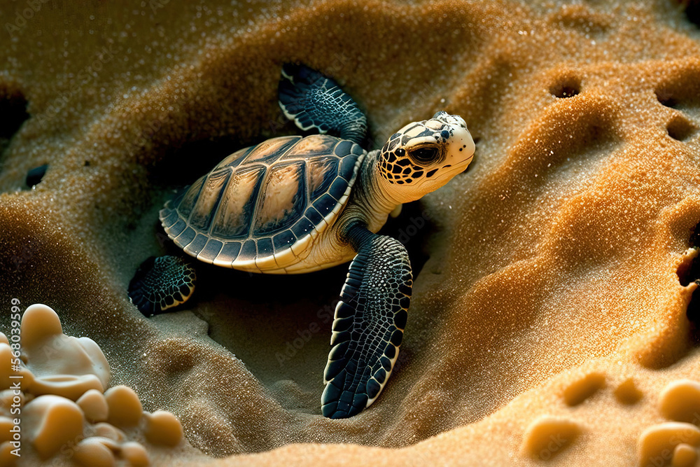 lovely newborn On a sand beach in Bahia, Brazil, a sea turtle named