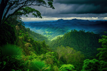 Wide View Of The Australian Mountains And Hills Clothed In Cool, Evergreen Rain Forests From A Vantage Point In Dorrigo National Park, A Unique Remnant Of The Former Gondwana Continent. Generative AI