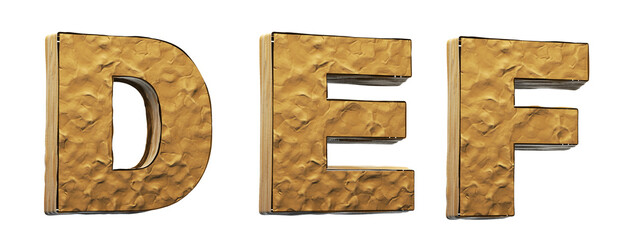 Letters: d, e, f, clay. Dirty 3D alphabet modeled out of clay.