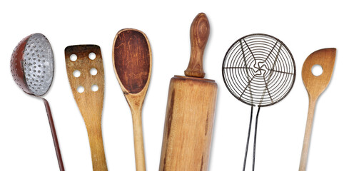 Different kitchen utensils for cooking, transparent background