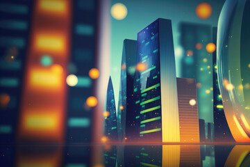 Poster - Background of futuristic urban and business architecture. Real estate concept with bokeh, motion blur, and a reflection in a glass panel of a skyscraper facade. Generative AI