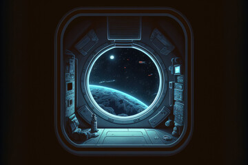 Sticker - Black background and a window in a space station. Generative AI