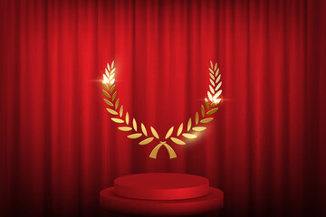 Wall Mural - Red podium for first place with golden laurel wreath. Gold rank on stage on red curtain background. Championship in sport or movie victory in competition, nomination award vector illustration