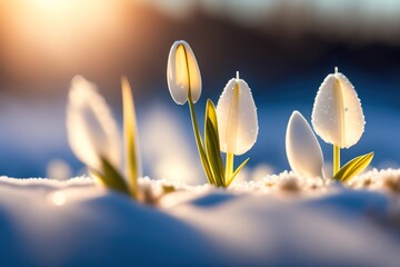 Poster - The first spring flowers snowdrops on the snow in nature in the rays of sunlight close-up macro. Generated AI.