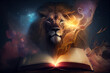 Head of a lion appearing out of Book of revelation. generative AI