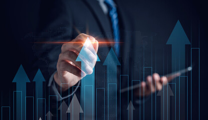 Aufkleber - Businessman hand drawing for increasing arrow. Stock market, Business growth, progress, success. Businessman use smartphone for trader is showing a growing virtual hologram stock, invest in trading...