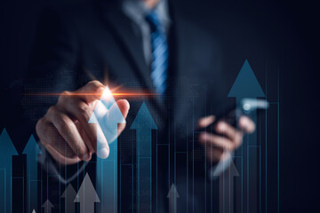 Aufkleber - Businessman hand drawing for increasing arrow. Stock market, Business growth, progress, success. Businessman use smartphone for trader is showing a growing virtual hologram stock, invest in trading...