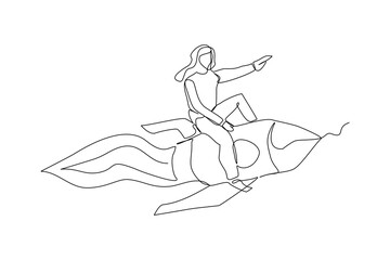 Wall Mural - Continuous single one line drawing art of business woman riding flying rocket up. Vector illustration of woman success launching startup business. Booster business growth line art design.