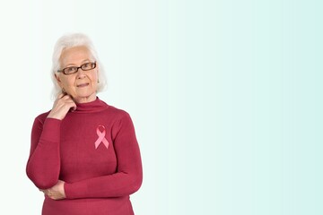 Wall Mural - Happy woman and pink ribbon,breast cancer concept