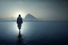 Jesus Christ Walking On Water On The Sea Of Galilee. Generative AI