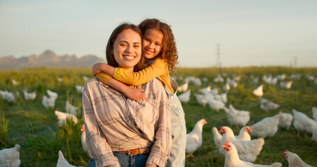 Poster - Hug, child and mother on a farm with chicken on mothers day, travel or holiday in Argentina together. Happy, portrait and kiss from girl with her mama on a field with animals during vacation