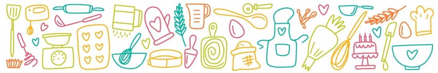 A horizontal set of kitchen utensils and baking pans, hand-drawn in a doodle style.