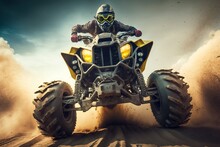 ATV Extreme Quad Cross MX Rider Riding On Sand Track ,desert One The Background 