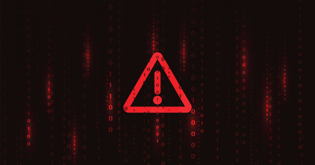 Fototapete - Cyber attack and Information leak concept. Attention warning attacker alert sign with exclamation mark and code on dark red background.Security protection Concept. vector illustration.	
