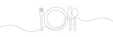 One Continuous Line Of Plate, Knife, Spoon And Fork. Hand Drawn. Vector Illustration