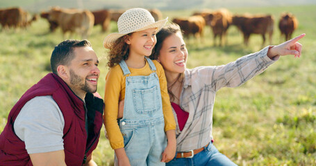 Canvas Print - Happy family bonding on a cattle farm, happy, laughing and learning about animals in nature. Parents, girl and agriculture with family relaxing, enjoying and exploring the outdoors on an open field