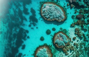 Poster - A picture of the turquoise sea as a background. corals and deep water. beautiful Caribbean Sea from above. Drone aerial image of turquoise water with room for text. a background of aquamarine