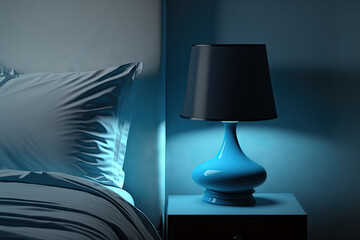 bedside lamp in a blue bedroom. Concept for inside and exterior design. Generative AI