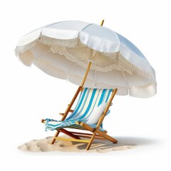 Wall Mural - Detailed illustration of a relaxing vacation lounge chair and umbrella on a warm tropical beach isolated on a white background, generative ai