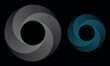 Set of circles with lines. Lines in one color with different opacity. White and blue spirals on black background. Dynamic design element with 4 parts.