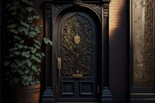 Gothic Style Doorway With Arch And Ebony Door Entrance With Art Deco Interior With Plants And Vintage Brick Wall Design Illustration