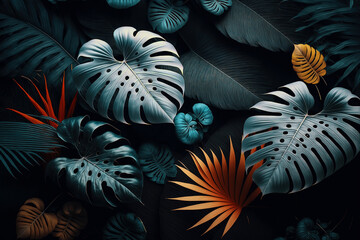 Luxury tropical leaves plant and foliage exotic background abstract of dark botany . Admirable Generative AI image .