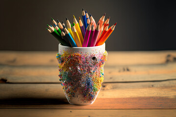 Poster - colored pencils in a Styrofoam cup up close on a wooden desk. Generative AI