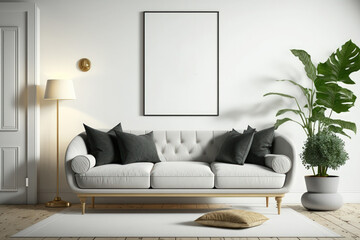 Canvas Print - Scandinavian style living room with white sofa and wood floors and mock up poster frame,. Generative AI