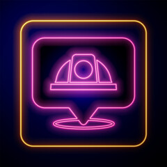 Poster - Glowing neon Worker safety helmet icon isolated on black background. Vector