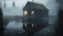 Fish Pond Fog In Foreground Dilapidated Fishing Hut Fog And Misty Generative AI