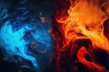 Red And Blue Fire On Black Background, Abstract Multicolored Background, Vector Illustration, Stone Textured. Contrast, Ying Yang Concept.