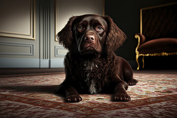 Wall Mural - Dark brown dog portrait on a soft carpet. furniture with a dark design is in the backdrop. Generative AI