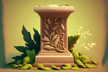 Sticker - a wooden product display pedestal with a background of greenery and hazy leaves from nature. Generative AI