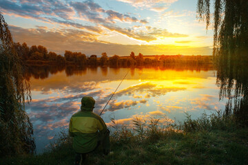 Wall Mural - fisherman seated by lake at sunset under dramatic sky