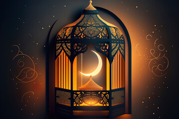 Canvas Print - Oriental Arabic Islamic night lantern with magical oriental fairy light Ramadan paper cut lantern. AI