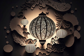 Canvas Print - Oriental Arabic Islamic night lantern with magical oriental fairy light Ramadan paper cut lantern. AI