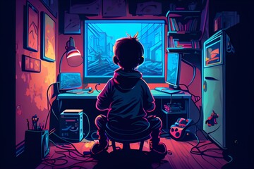 child watching tv in a cozy room illustration.generative ai technology