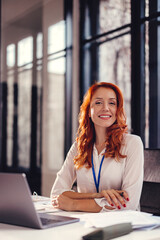 Beautiful young woman sitting at the office desk by the window and posing.