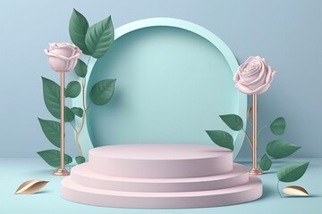 Pastel color 3D podium stage whit minimal shape and rose floral, good for  Product presentation, mock up, show natural cosmetic product, display product, showcase, Promotion display. by ai generative